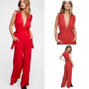 Free People CEM Lace Trim Plunge V-Neck Wide Leg Jumpsuit